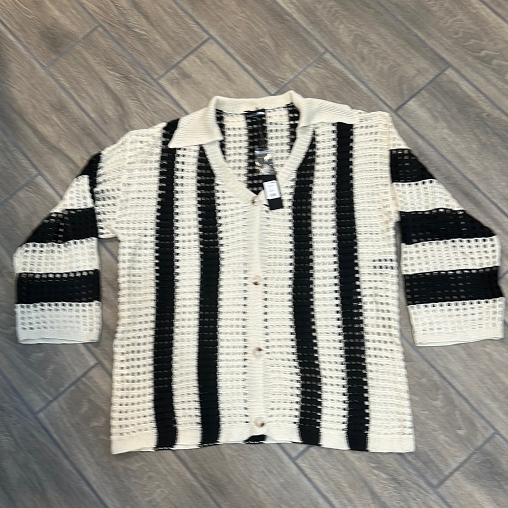 Fashion Nova NWT Black & Cream Crochet Collared Cardigan. Seaside Bliss. Size XL